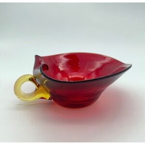 Vintage Red Amberina Crackle Glass Leaf Heart Shape Candy Dish Bowl Hand Blown